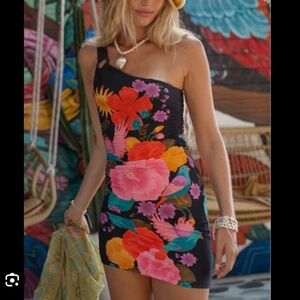 Spell One-Shoulder Floral Dress - Black, Pink, Orange, Blue